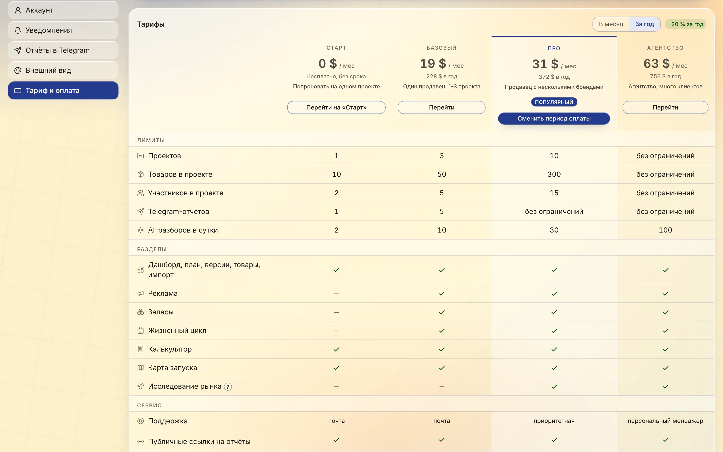 Plan and billing in the profile: subscription, limit usage, four plans